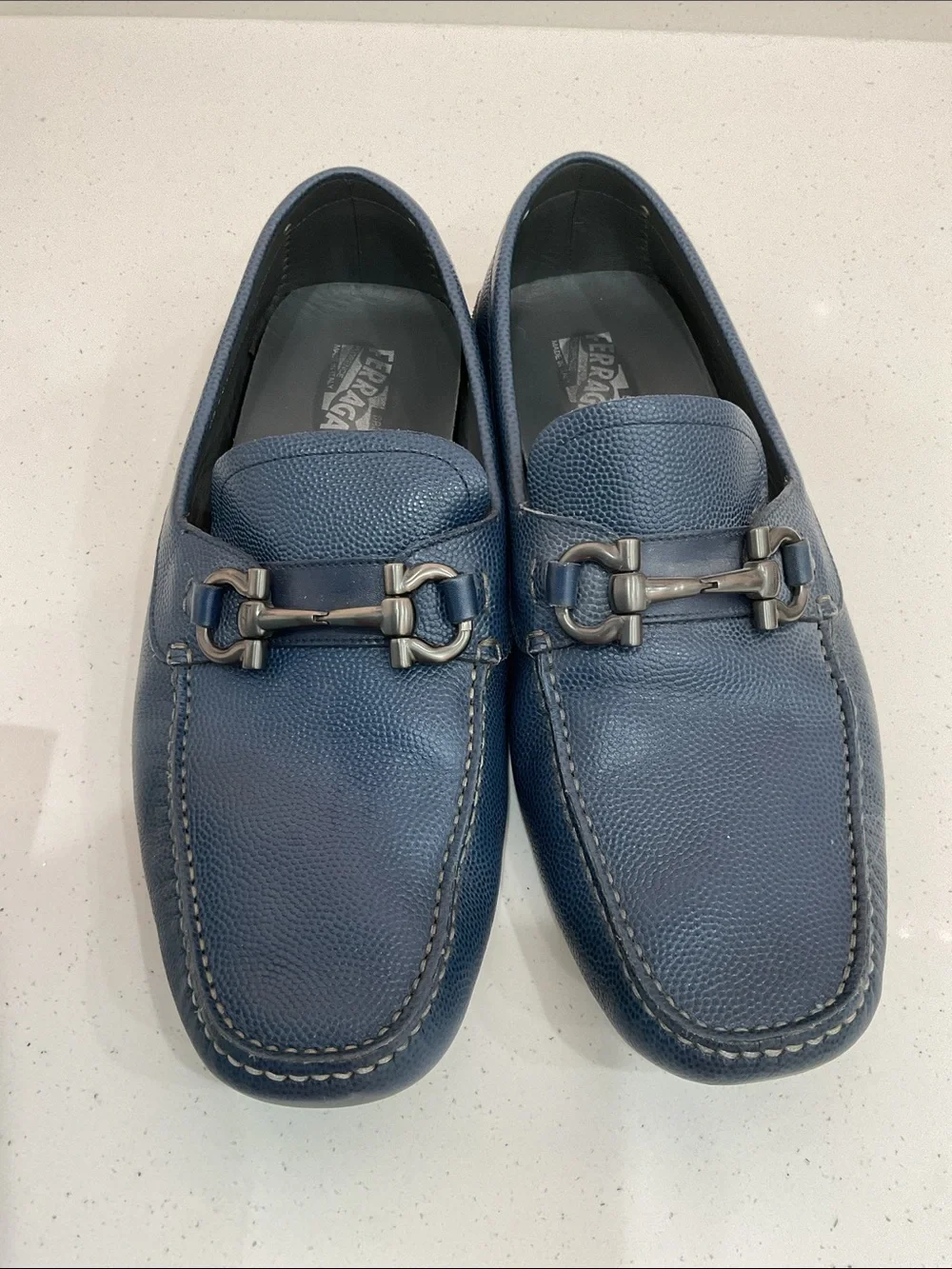 Salvatore Ferragamo Navy Blue Pebbled Leather Bit Loafers